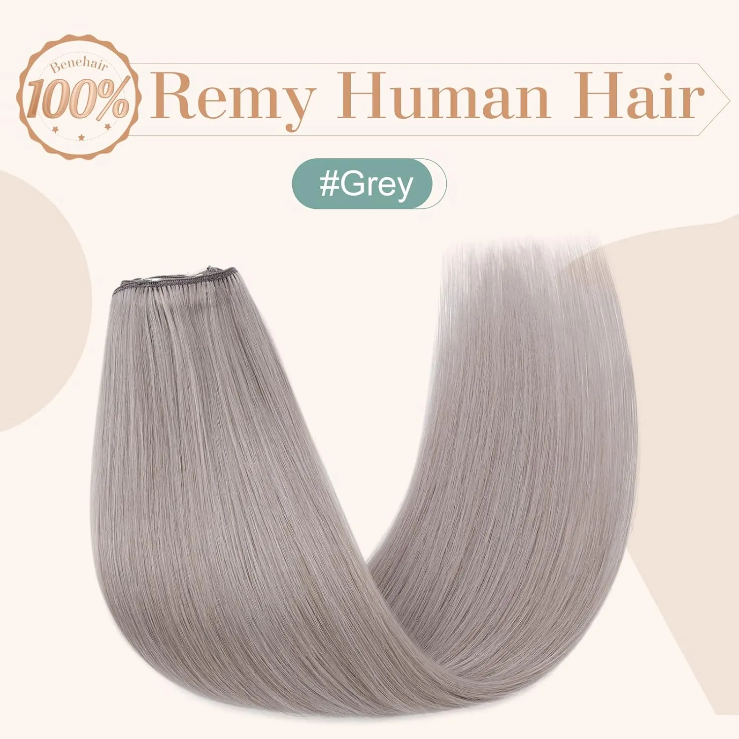 Benehair Clip-in Hair Extensions - Real Human Hair, Double Weft, 8pcs, 10inch Remy, Soft Silky Straight, Highlighted Grey