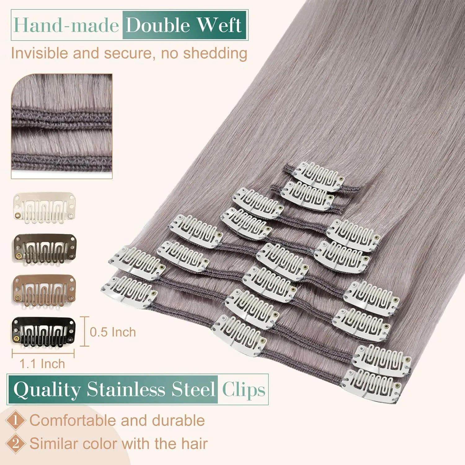Benehair Clip-in Hair Extensions - Real Human Hair, Double Weft, 8pcs, 10inch Remy, Soft Silky Straight, Highlighted Grey