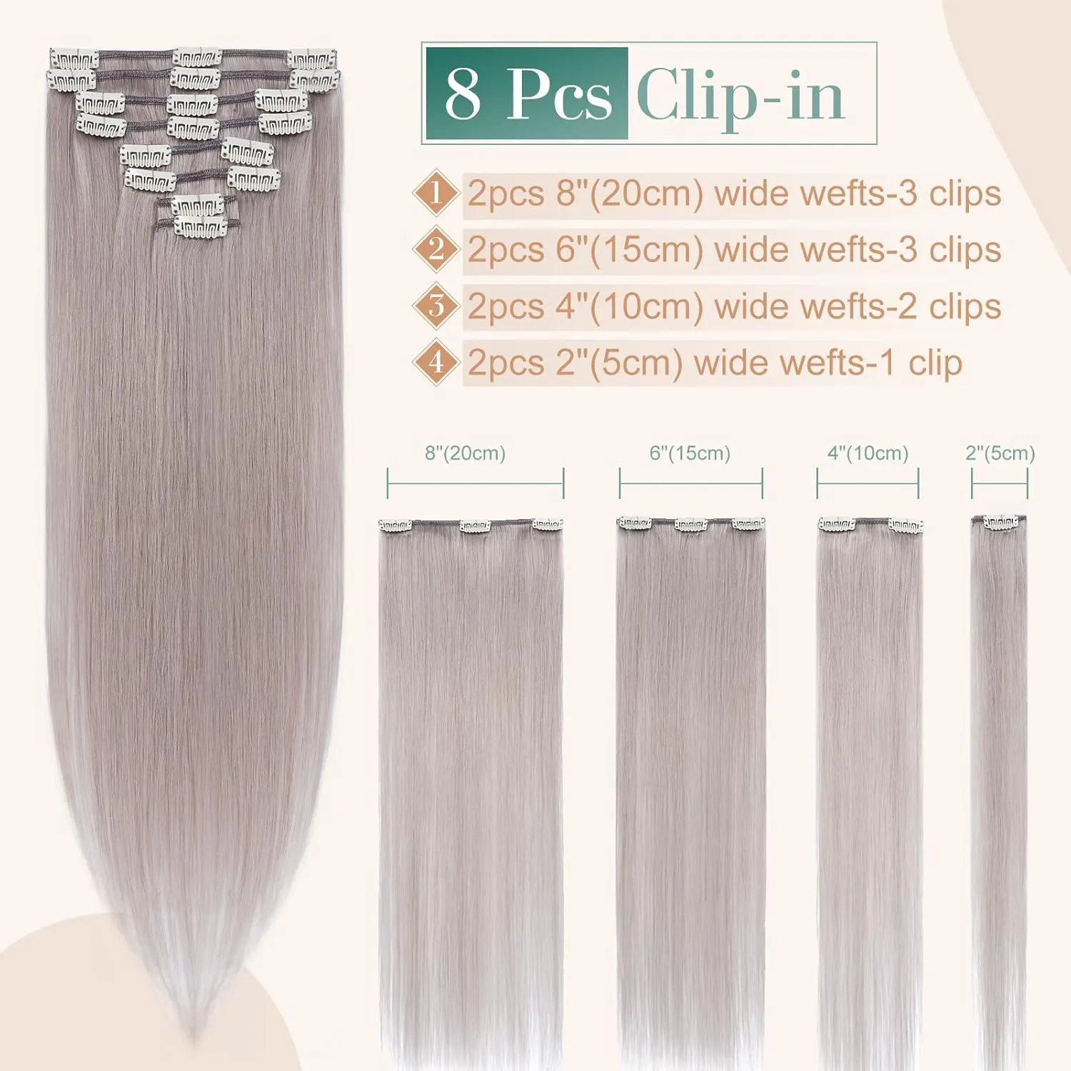 Benehair Clip-in Hair Extensions - Real Human Hair, Double Weft, 8pcs, 10inch Remy, Soft Silky Straight, Highlighted Grey