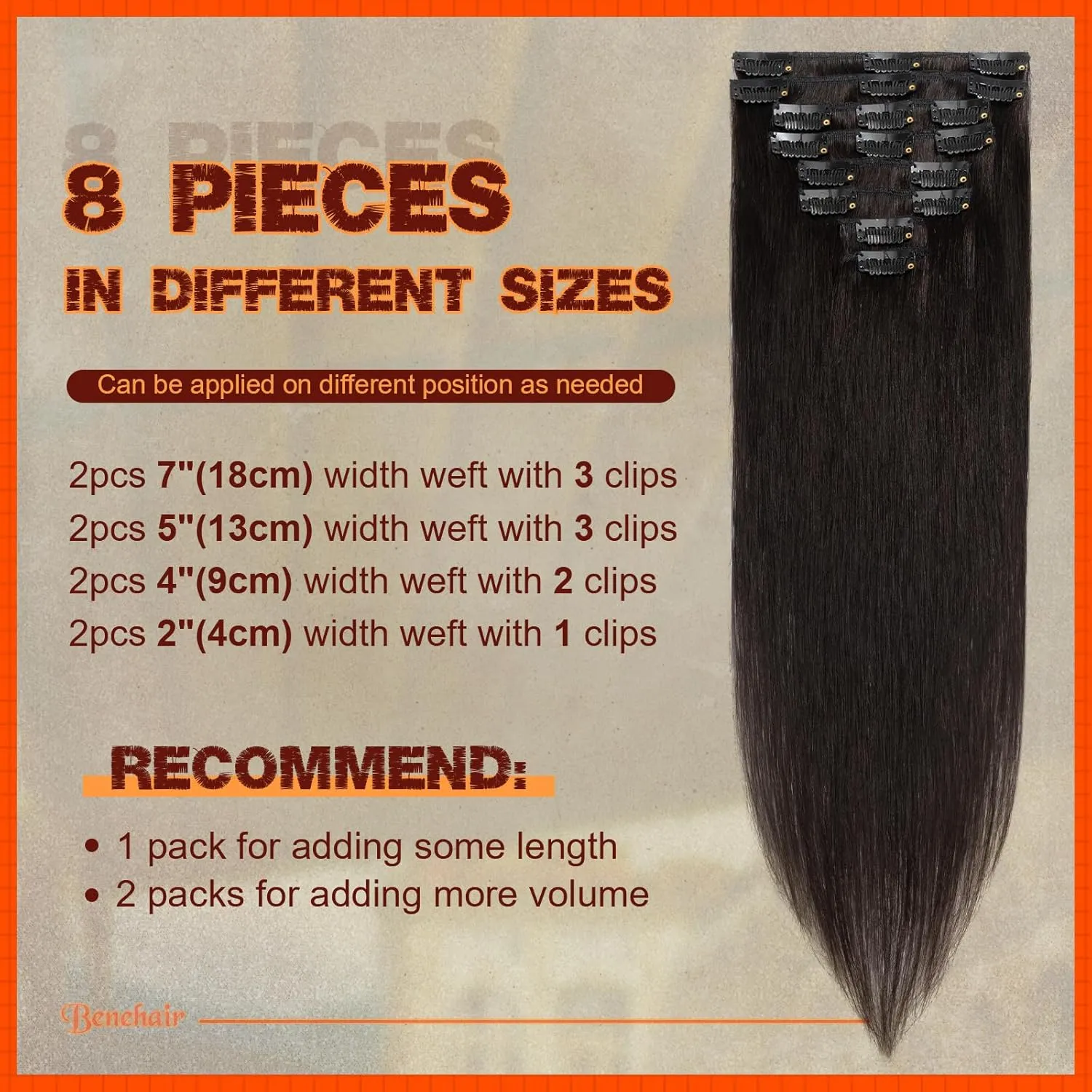 Benehair Clip in Human Hair Extensions - Long Straight Remy Natural Full Head 8pcs for Women - 8 Inch #1B Natural Black