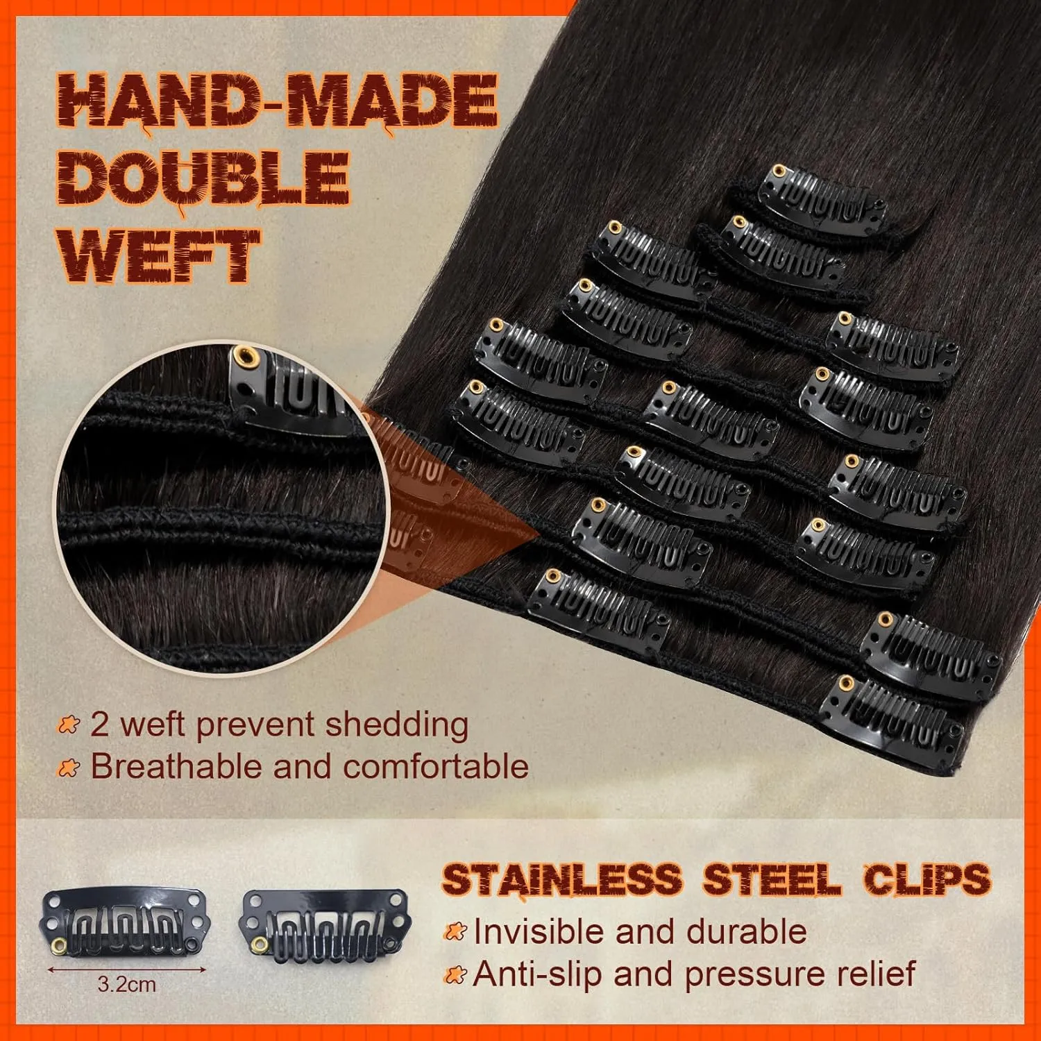 Benehair Clip in Human Hair Extensions - Long Straight Remy Natural Full Head 8pcs for Women - 8 Inch #1B Natural Black