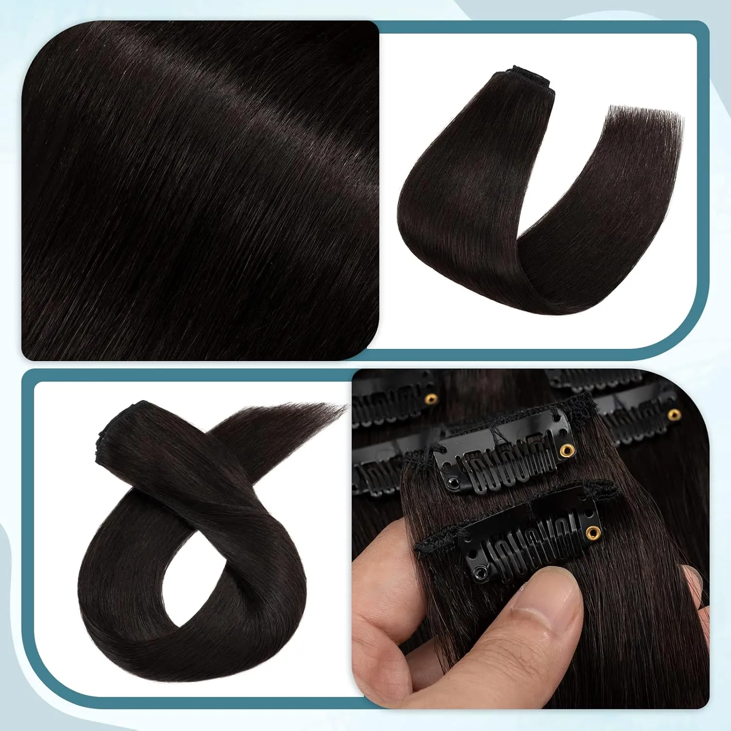 Benehair Clip in Human Hair Extensions - Long Straight Remy Natural Full Head 8pcs for Women - 8 Inch #1B Natural Black