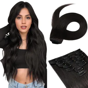 Benehair Clip in Human Hair Extensions - Long Straight Remy Natural Full Head 8pcs for Women - 8 Inch #1B Natural Black