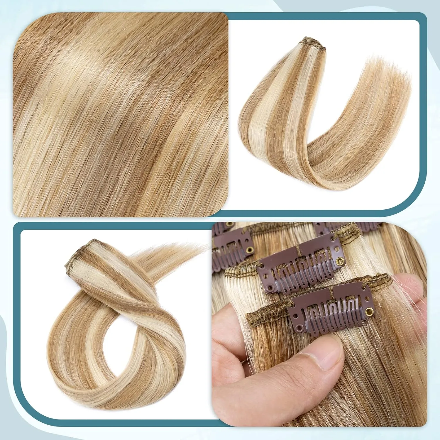 Benehair Human Hair Clip in Extensions Balayage Golden Brown Mix Bleach Blonde Highlight Hair Extensions for Women Long Straight Remy Natural Full Head 8pcs 8inch No Tape No Glue #12P613