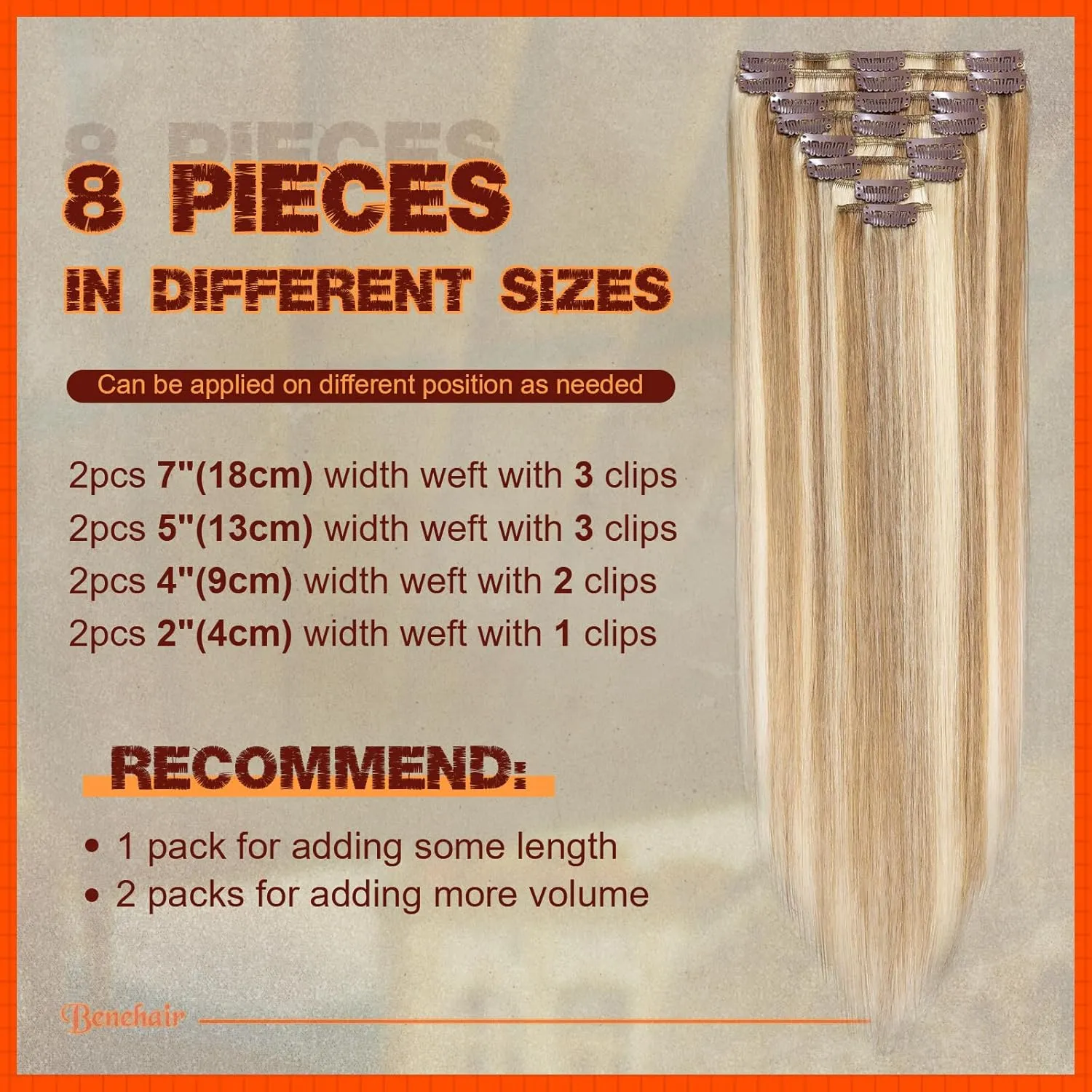Benehair Human Hair Clip in Extensions Balayage Golden Brown Mix Bleach Blonde Highlight Hair Extensions for Women Long Straight Remy Natural Full Head 8pcs 8inch No Tape No Glue #12P613