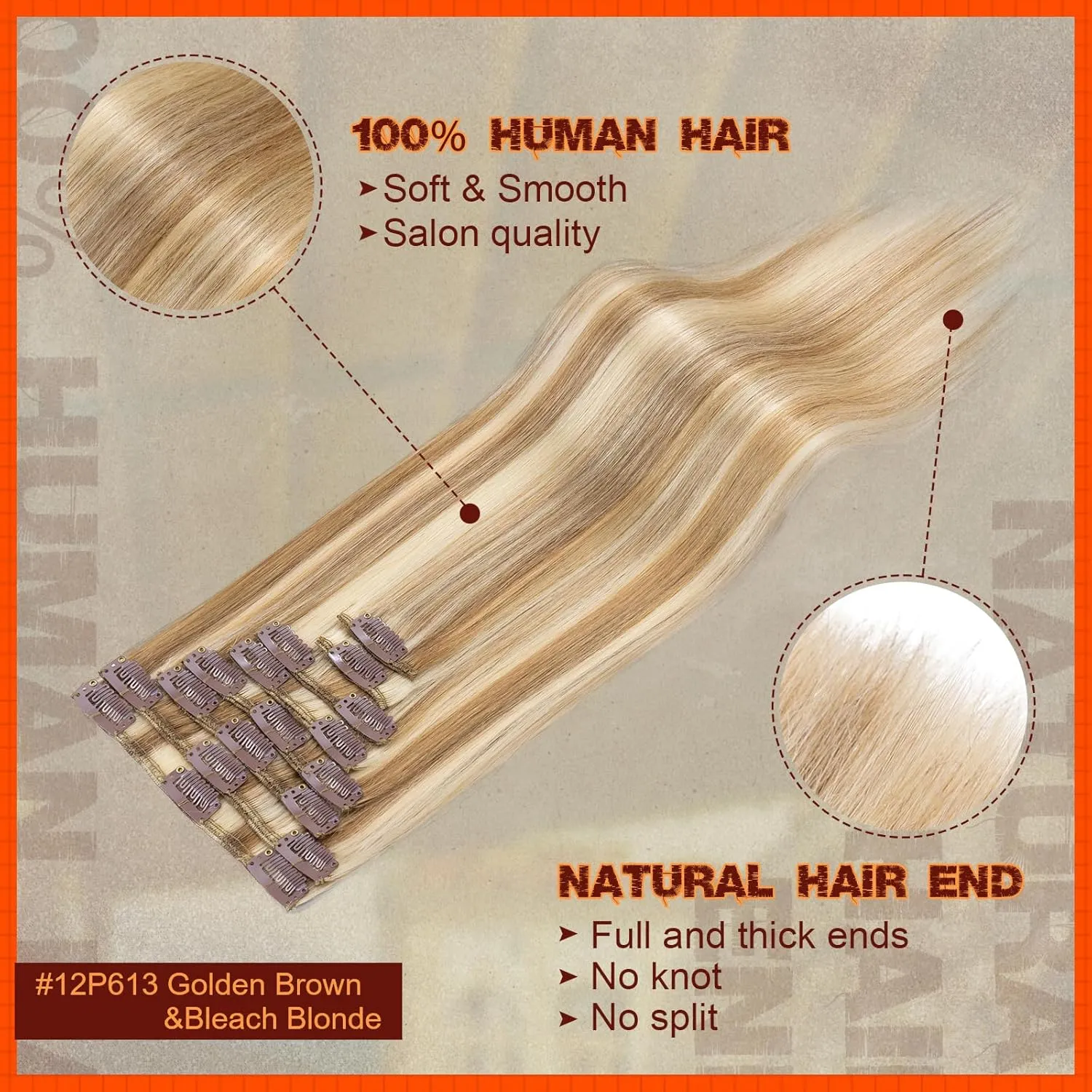 Benehair Human Hair Clip in Extensions Balayage Golden Brown Mix Bleach Blonde Highlight Hair Extensions for Women Long Straight Remy Natural Full Head 8pcs 8inch No Tape No Glue #12P613