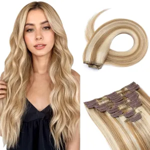 Benehair Human Hair Clip in Extensions Balayage Golden Brown Mix Bleach Blonde Highlight Hair Extensions for Women Long Straight Remy Natural Full Head 8pcs 8inch No Tape No Glue #12P613