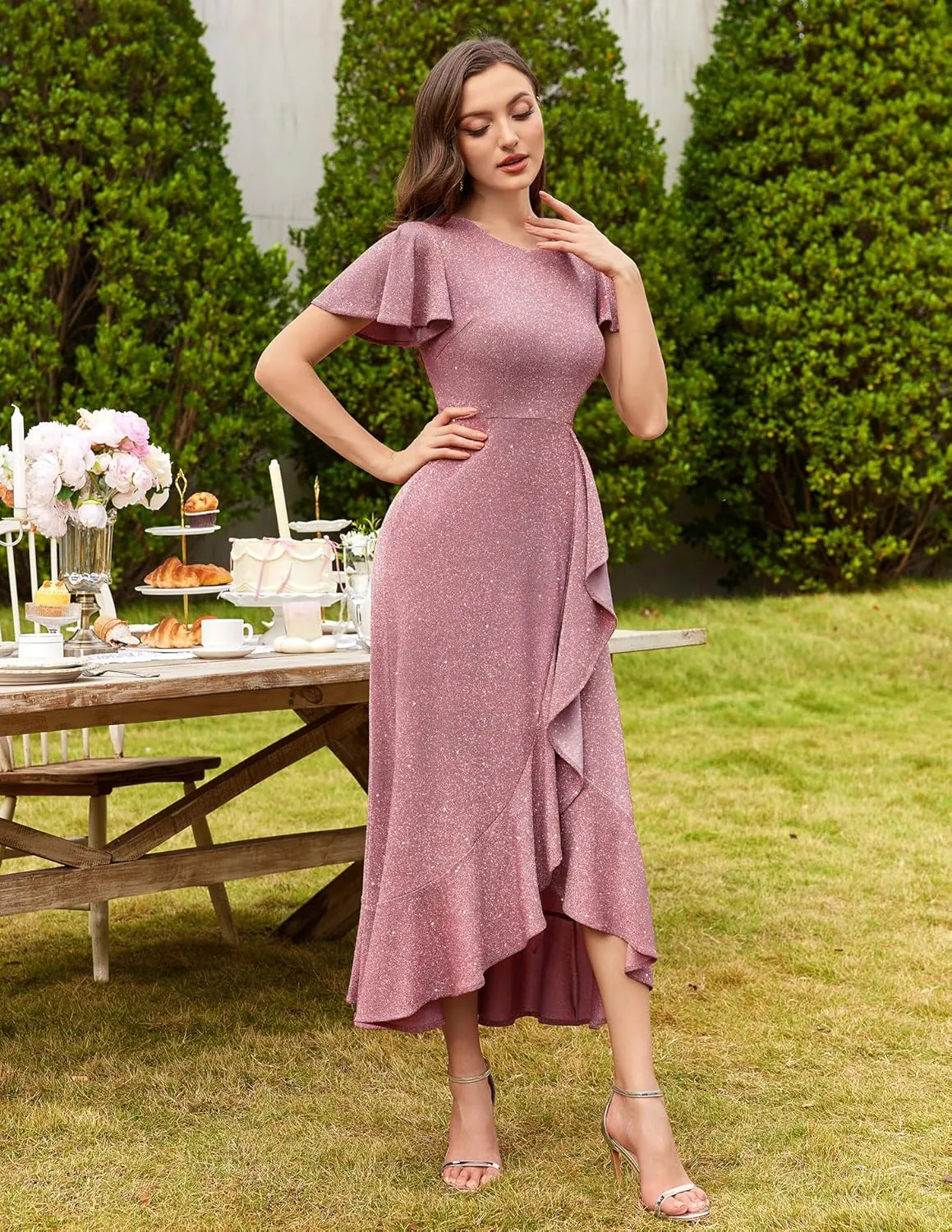 BeryLove Women Sequin Formal Party Dress Flutter Short Sleeve Wedding Cocktail Long Evening Dress