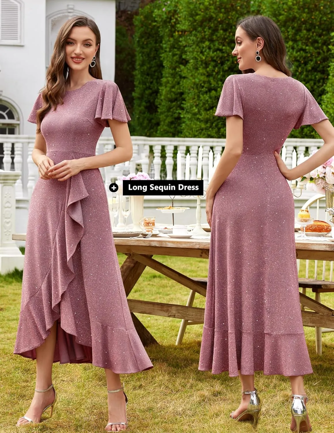 BeryLove Women Sequin Formal Party Dress Flutter Short Sleeve Wedding Cocktail Long Evening Dress