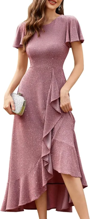 BeryLove Women Sequin Formal Party Dress Flutter Short Sleeve Wedding Cocktail Long Evening Dress