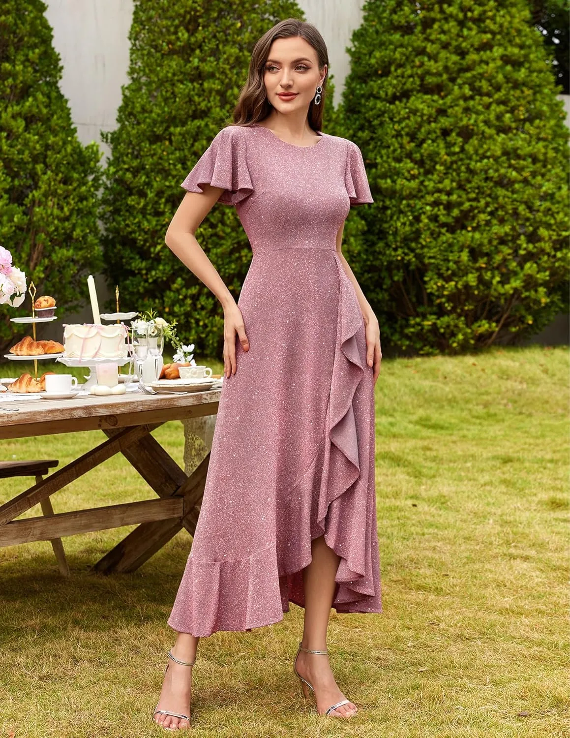 BeryLove Women Sequin Formal Party Dress Flutter Short Sleeve Wedding Cocktail Long Evening Dress