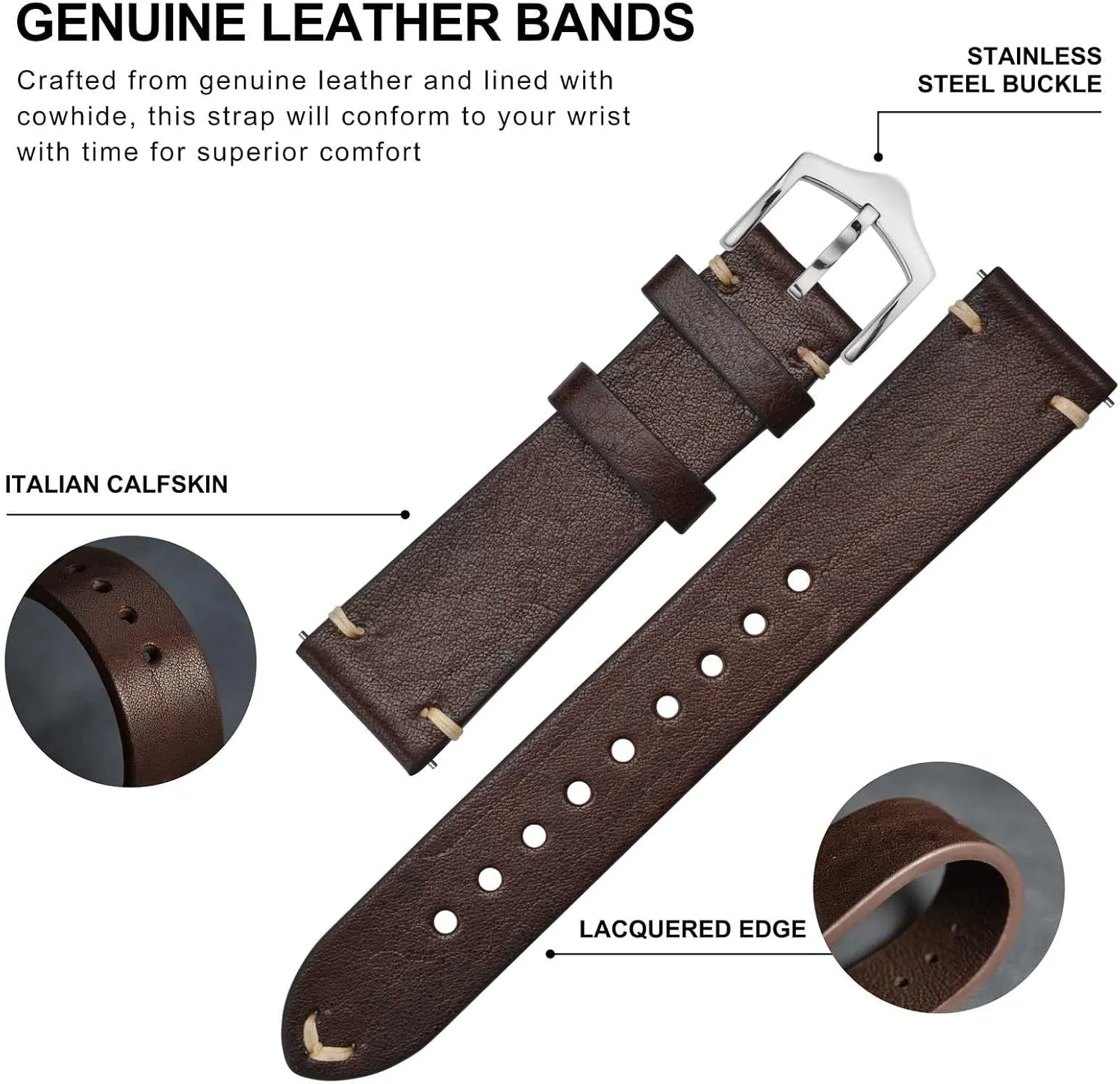 BISONSTRAP Men's Watch Bands, Hand-Stitched Leather Watch Straps, Quick Release, 18mm 19mm 20mm 21mm 22mm