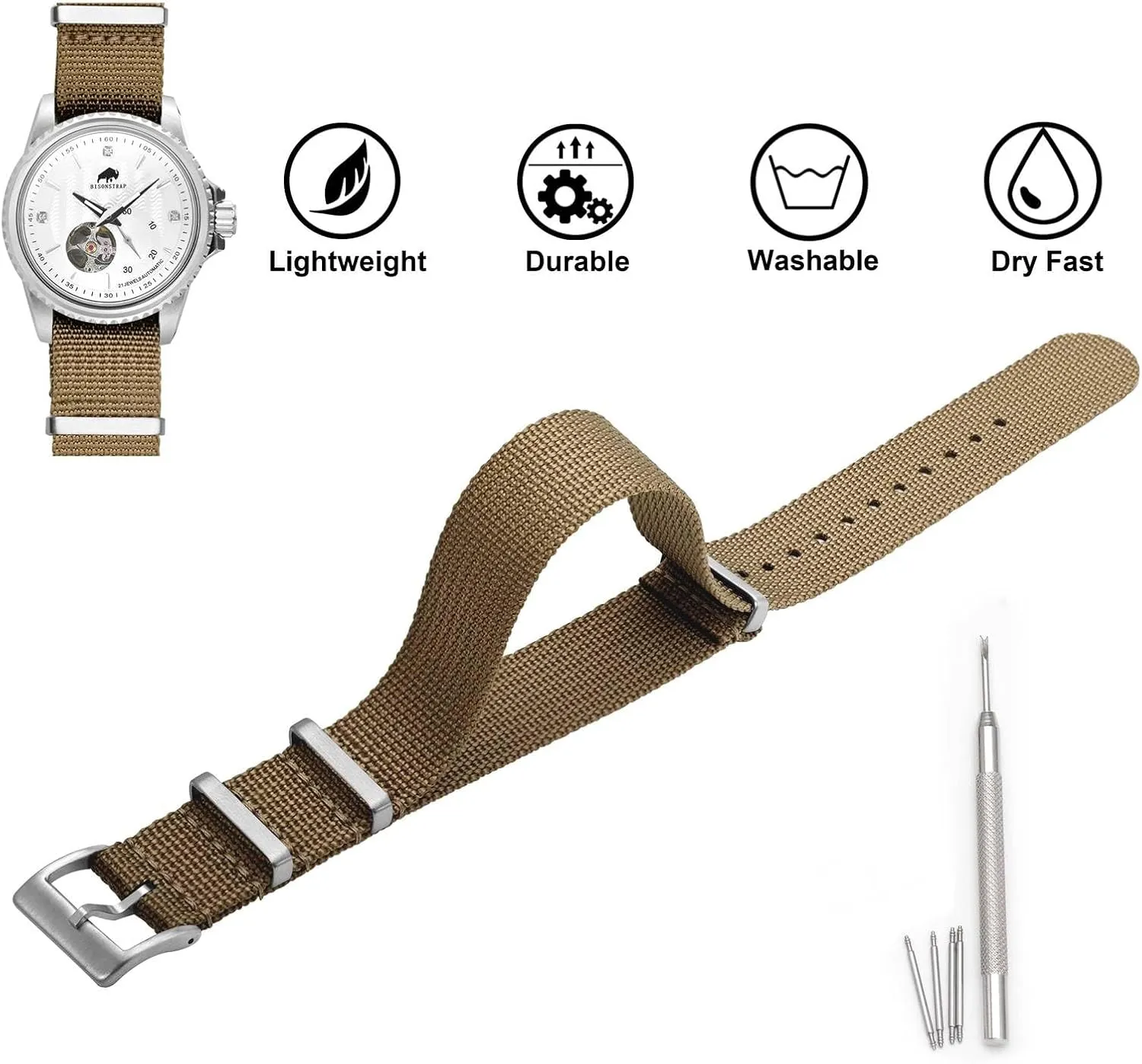 BISONSTRAP Nylon Watch Bands for Men, One-Piece Military Watch Straps, 18mm 20mm 22mm