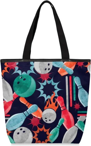 Bowling Canvas Tote Bag for Women Bowling Shoulder Bag Canvas Handbags Purse with Zipper Pockets College Book Tote Bag Work Totebag