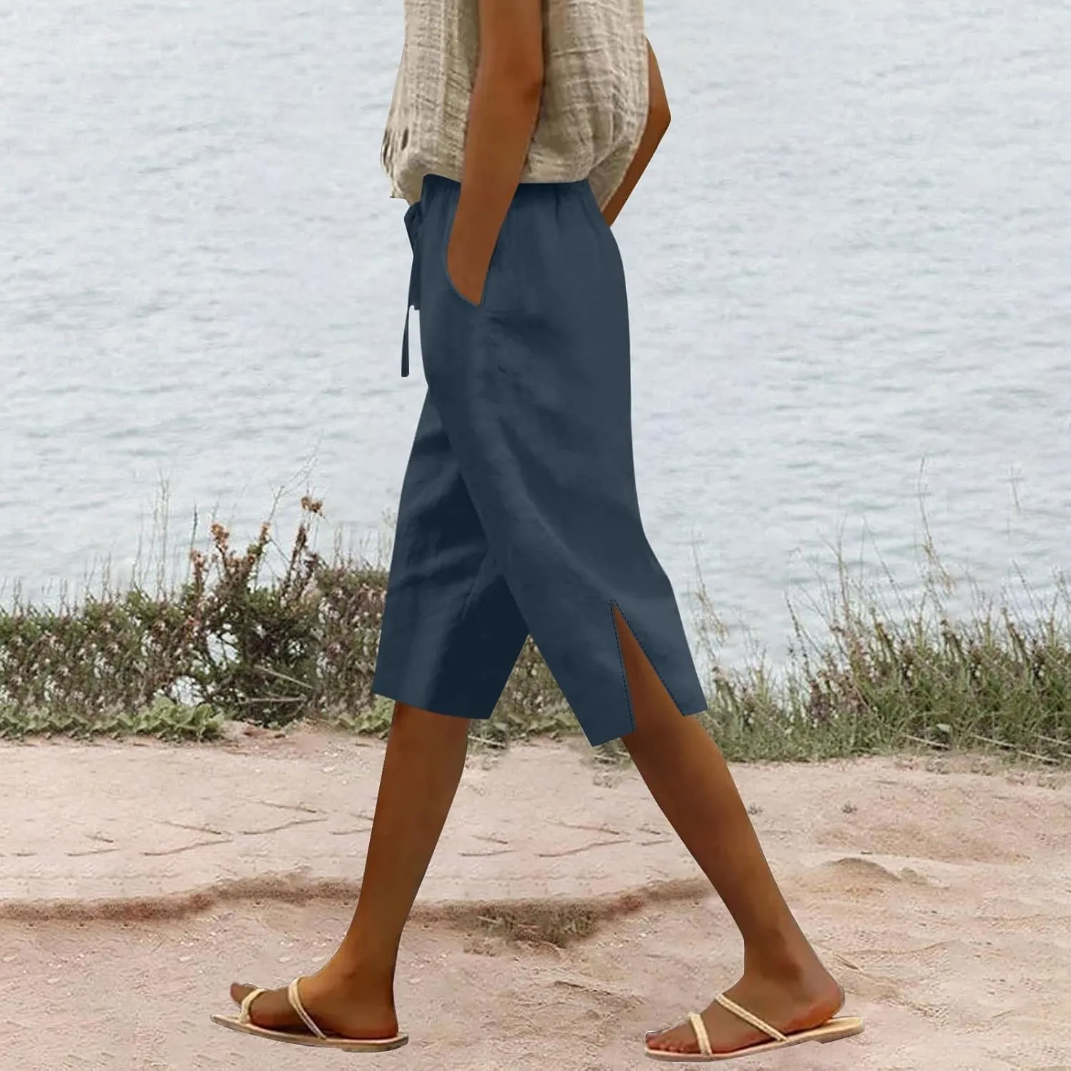 Capri Pants for Women Casual Summer Linen Cropped Pant Drawstring High Waisted Wide Leg Trouser Beach Vacation Capris