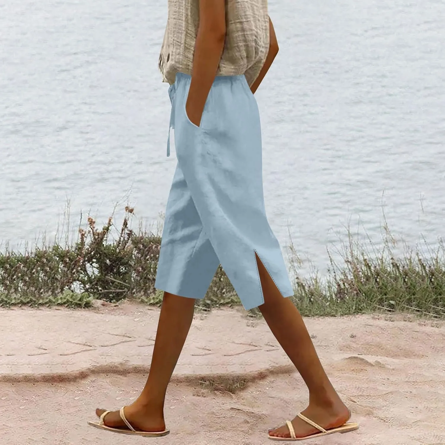 Capri Pants for Women Casual Summer Linen Cropped Pant Drawstring High Waisted Wide Leg Trouser Beach Vacation Capris