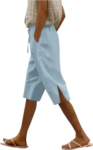 Capri Pants for Women Casual Summer Linen Cropped Pant Drawstring High Waisted Wide Leg Trouser Beach Vacation Capris
