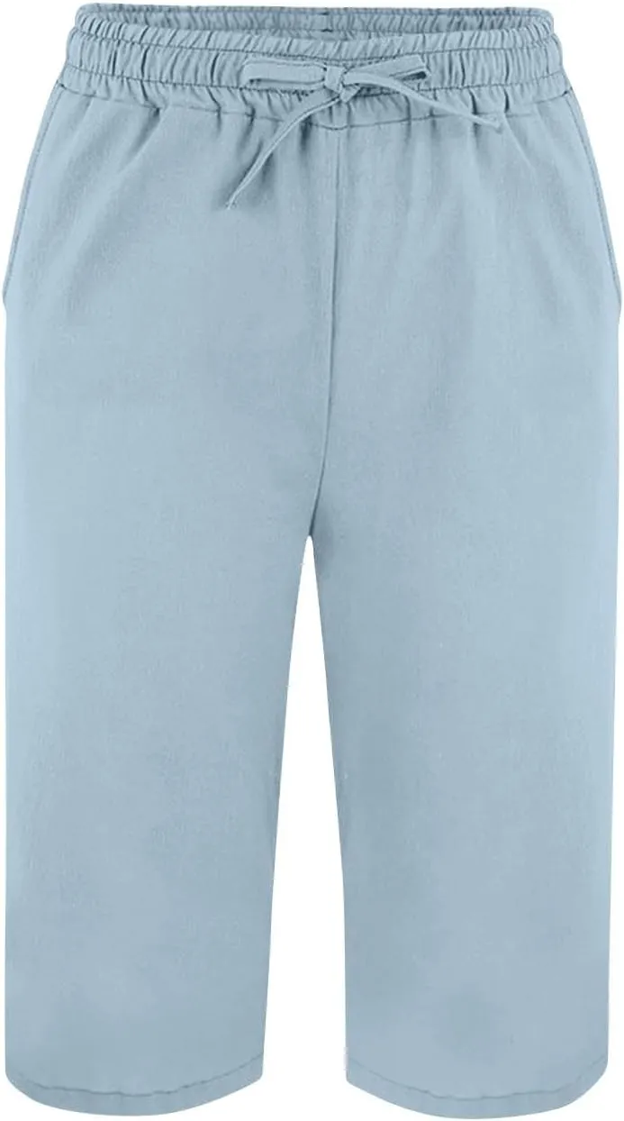 Capri Pants for Women Casual Summer Linen Cropped Pant Drawstring High Waisted Wide Leg Trouser Beach Vacation Capris