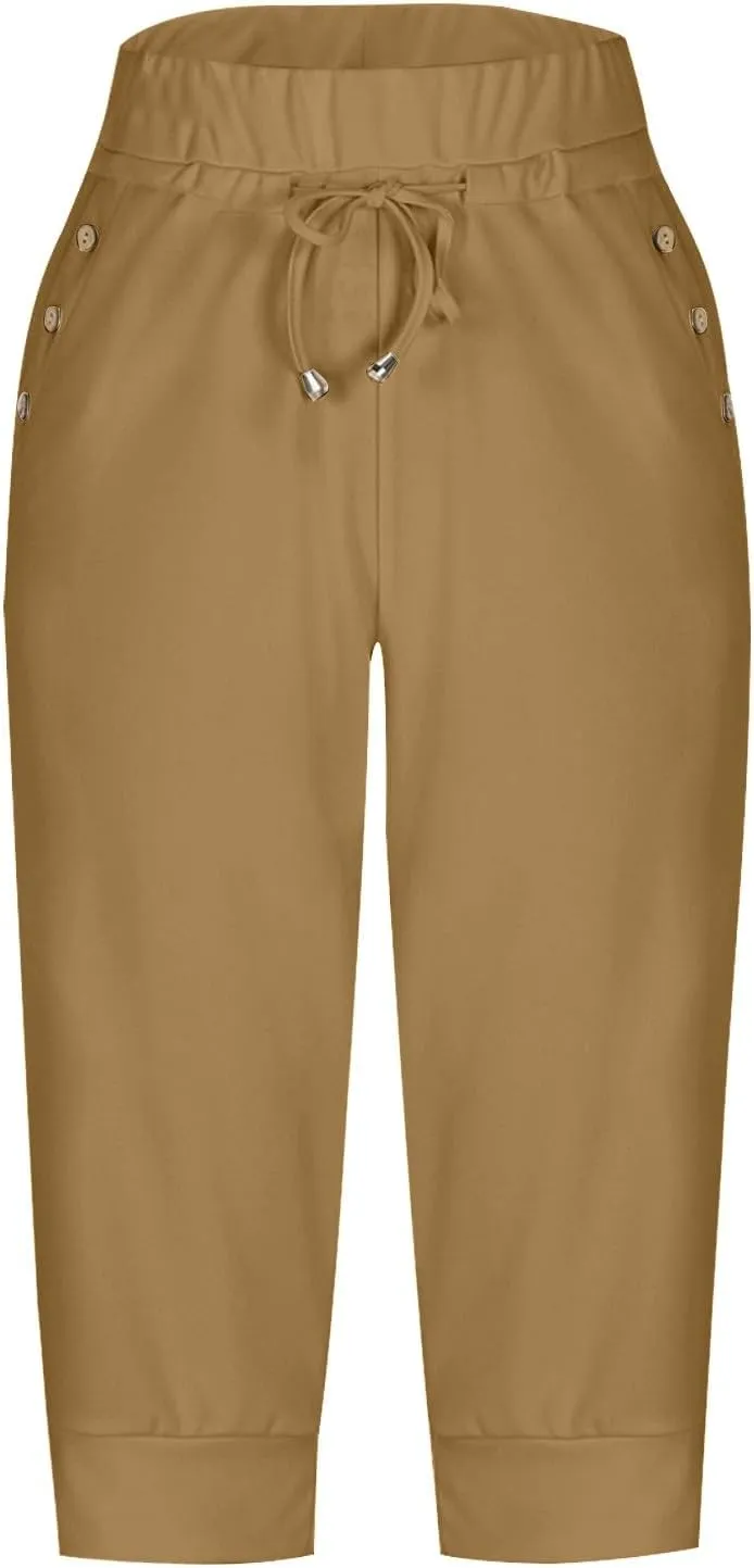 Capri Pants for Women Drawstring High Waisted Lightweight Hiking Joggers Workout Capris Yoga Sweatpants with Pockets