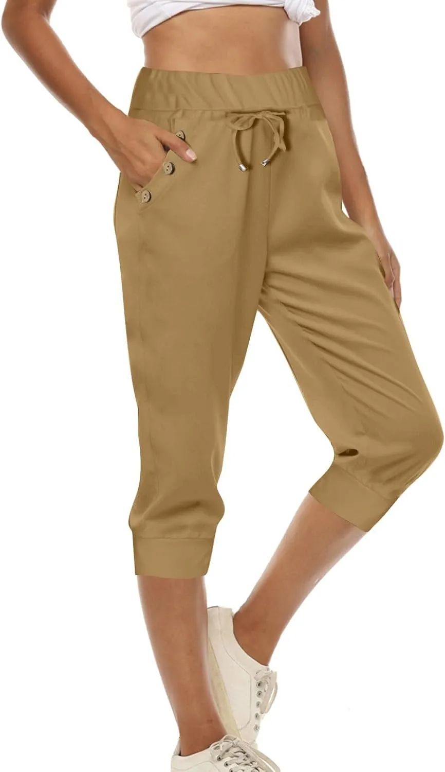 Capri Pants for Women Drawstring High Waisted Lightweight Hiking Joggers Workout Capris Yoga Sweatpants with Pockets