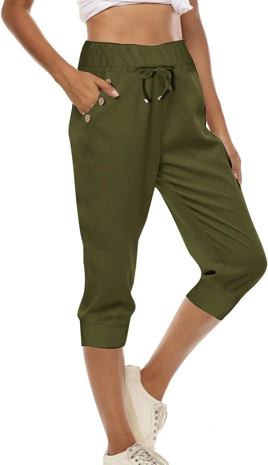 Capris Pant for Women High Waist Drawstring Stretch Jogger Soft Lightweight Yoga Hiking Pant with Pockets