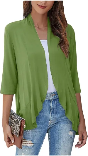 Cardigan for Women Lightweight Summer 3/4 Sleeve Open Front Ruffle Kimono Cardigan Duster