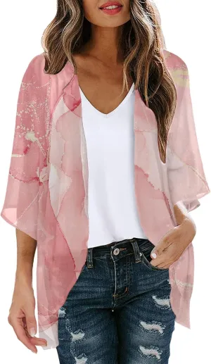 Cardigan for Women Lightweight Summer Floral 3/4 Sleeve Duster Cardigans Casual Comfort Open Front Kimonos Cover Up Blouse