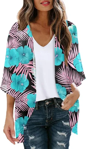 Cardigan for Women Lightweight Summer Floral 3/4 Sleeve Duster Cardigans Casual Comfort Open Front Kimonos Cover Up Blouse