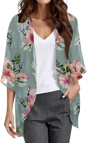 Cardigan for Women Lightweight Summer Floral 3/4 Sleeve Duster Cardigans Casual Comfort Open Front Kimonos Cover Up Blouse