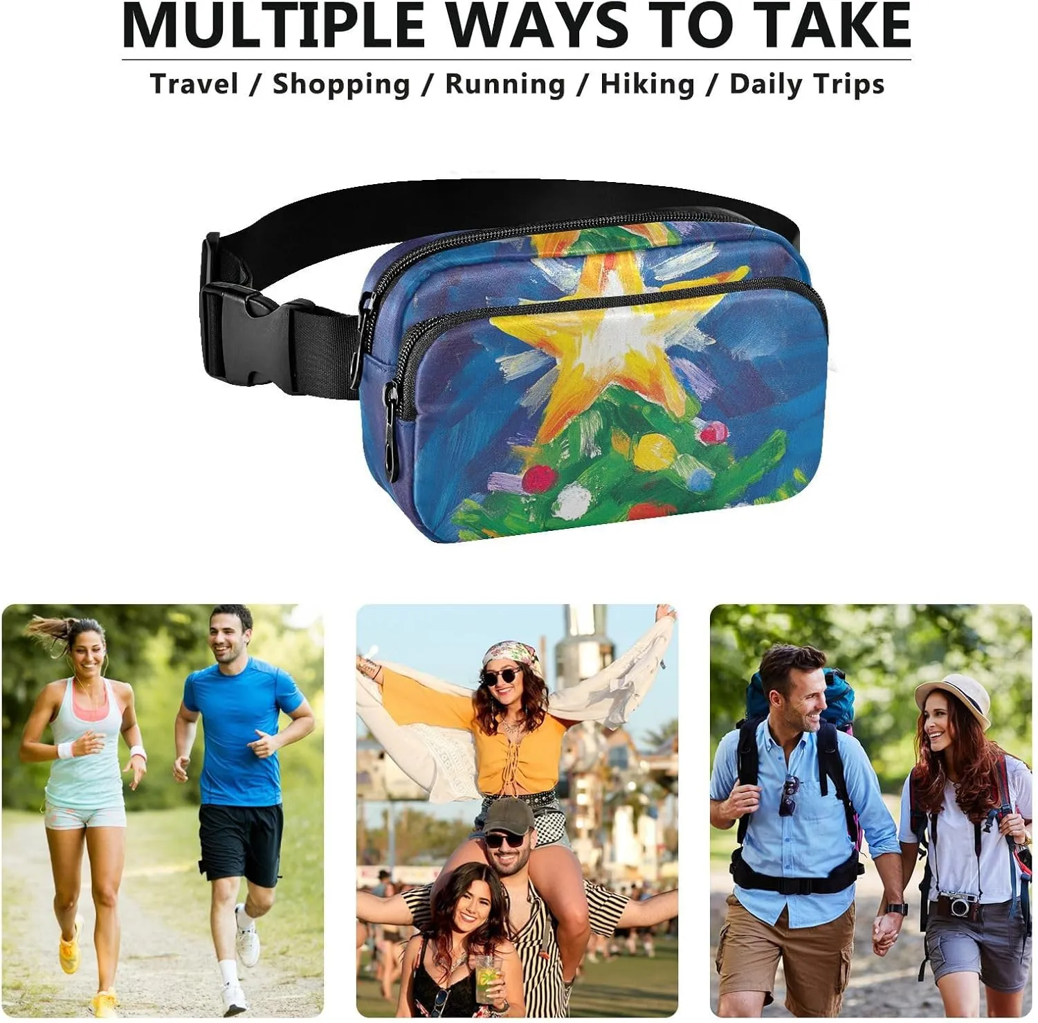 Christmas Tree Star Trendy Fanny Waist Pack for Women Men Teens Large Capacity Sling Bag Travel Accessory with Adjustable Strap for Travel Running Hiking