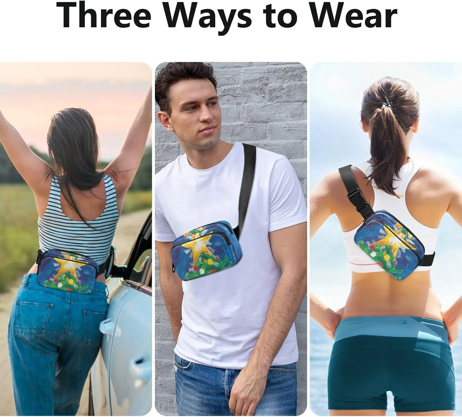 Christmas Tree Star Trendy Fanny Waist Pack for Women Men Teens Large Capacity Sling Bag Travel Accessory with Adjustable Strap for Travel Running Hiking
