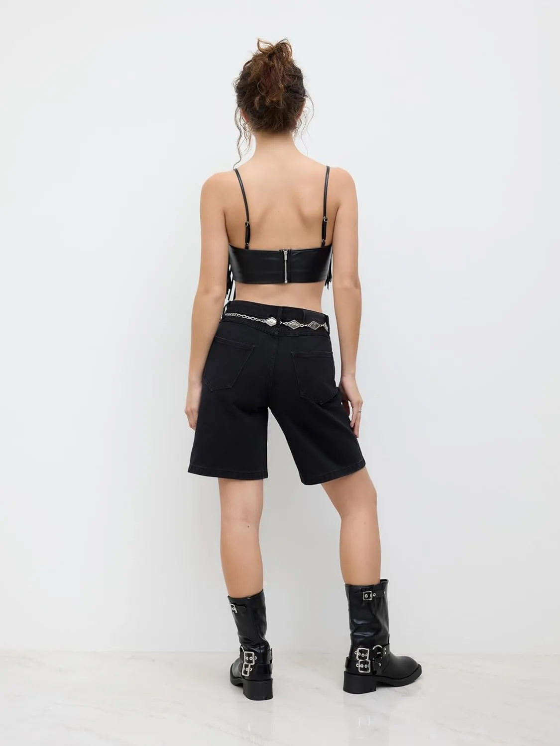 CIDER Womens Crop Top Faux Leather Fringe Cami Tops