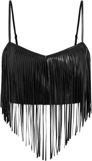 CIDER Womens Crop Top Faux Leather Fringe Cami Tops
