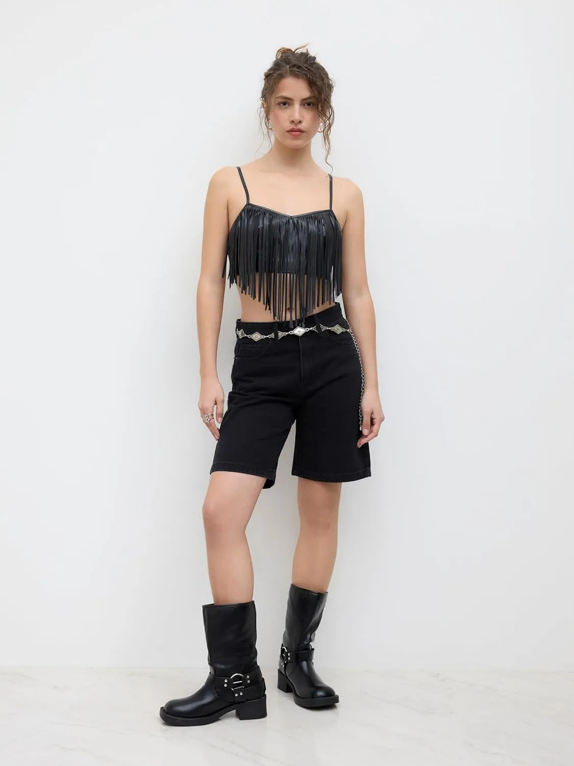 CIDER Womens Crop Top Faux Leather Fringe Cami Tops