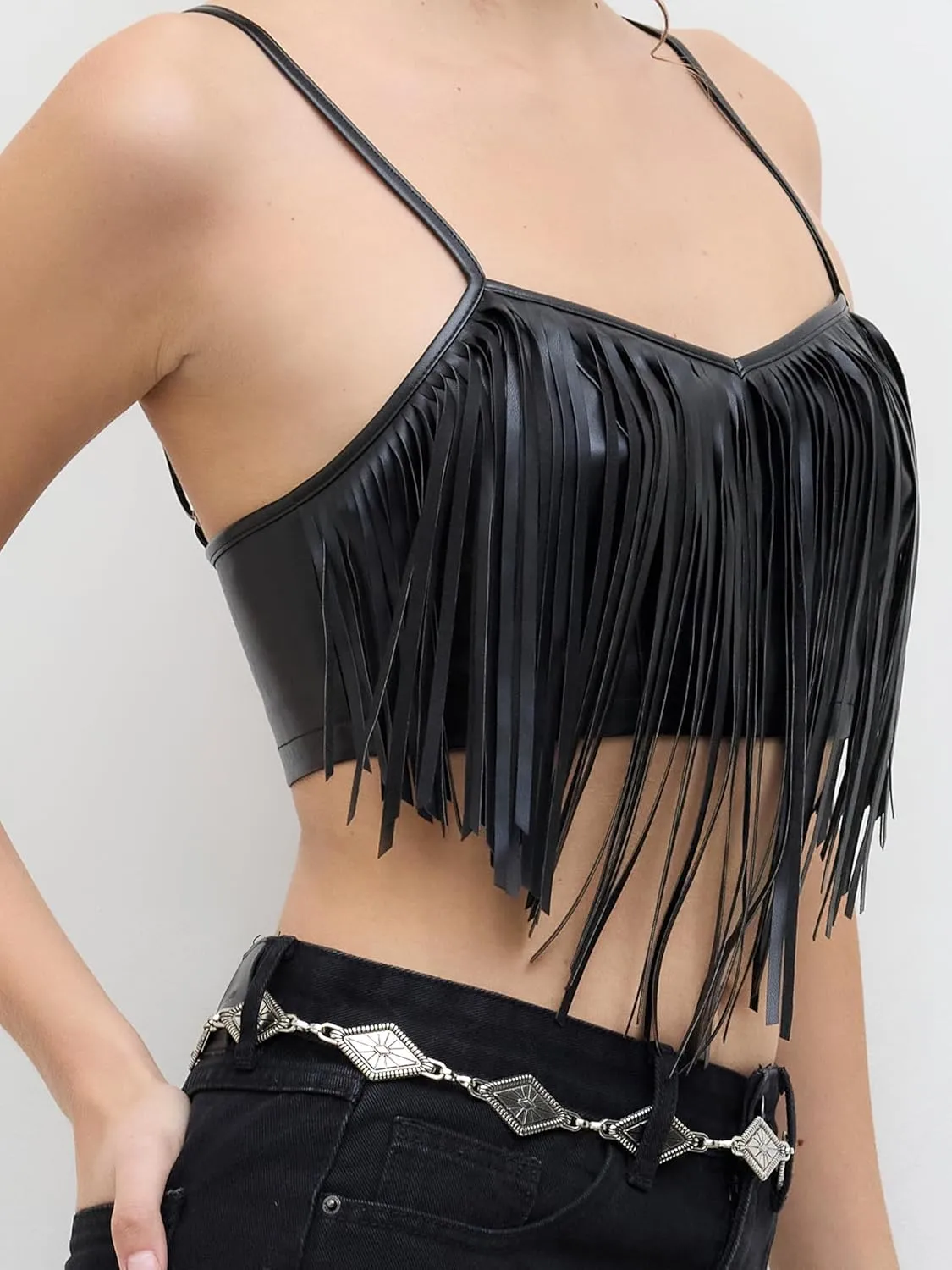 CIDER Womens Crop Top Faux Leather Fringe Cami Tops