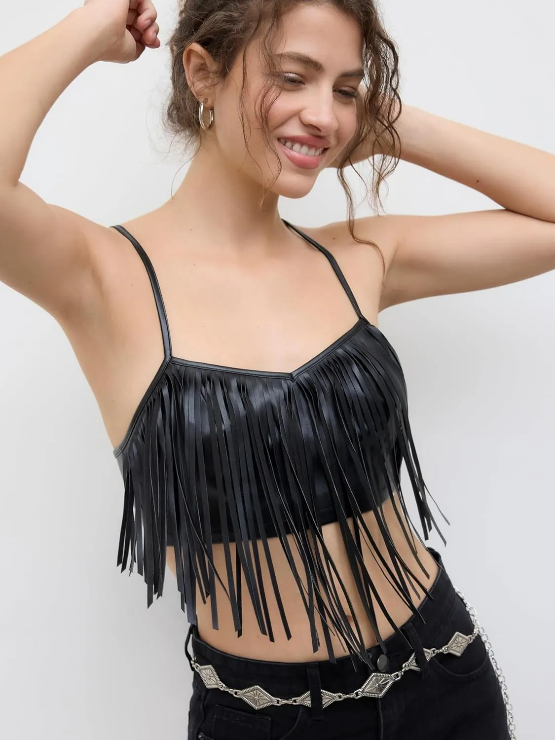 CIDER Womens Crop Top Faux Leather Fringe Cami Tops