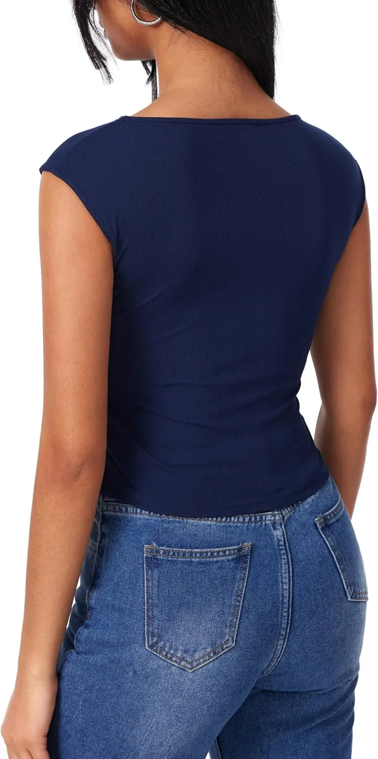 CIDER Women's Ruched Tank Top Boat Neck Sleeveless Top Knit Slim Fit Tank Top