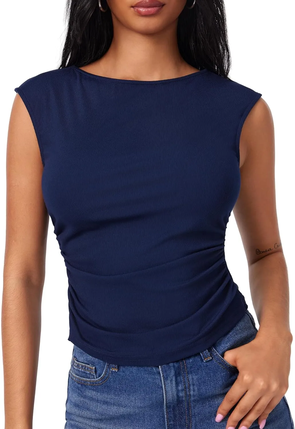 CIDER Women's Ruched Tank Top Boat Neck Sleeveless Top Knit Slim Fit Tank Top