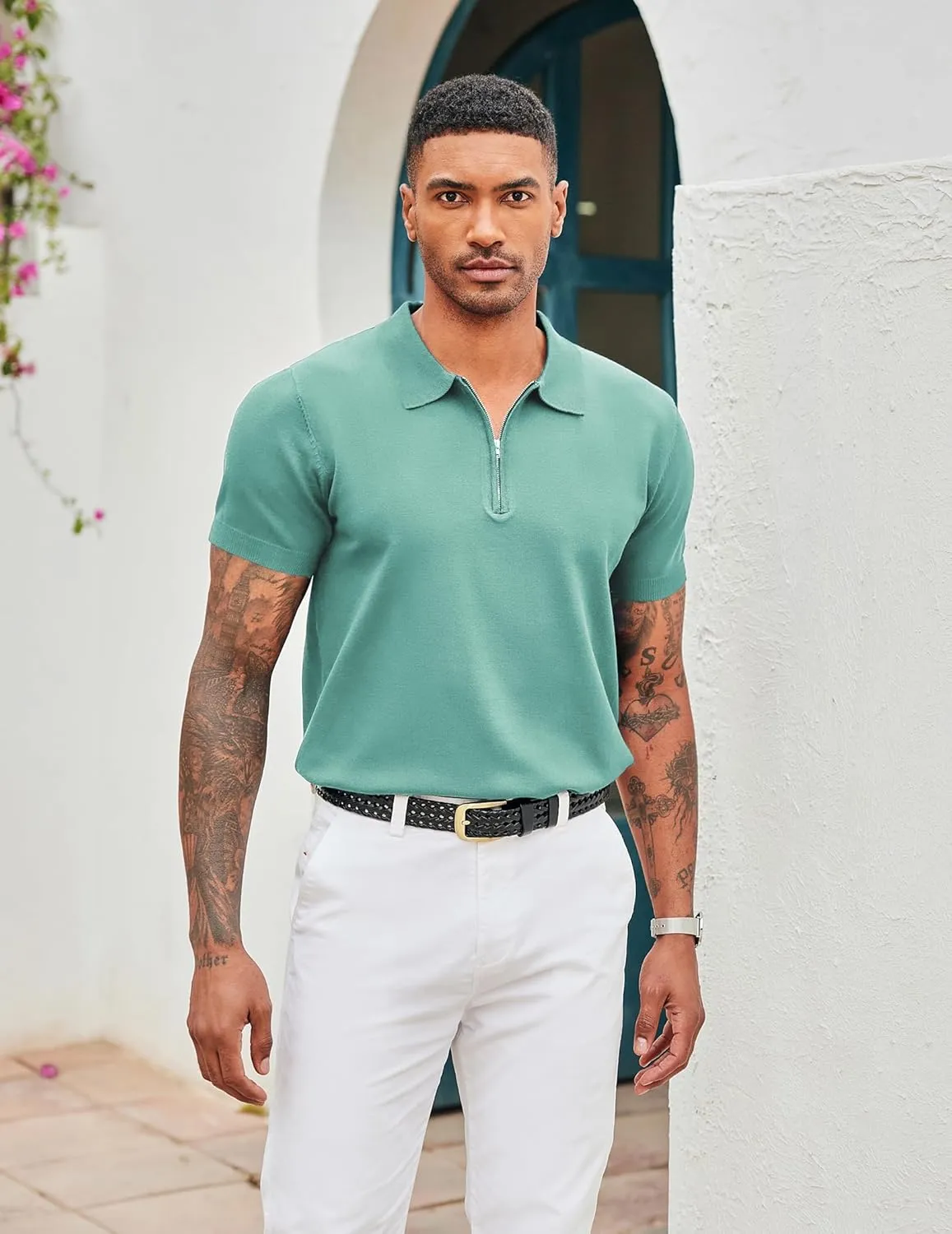 COOFANDY Men's Zipper Polo Shirt Casual Knit Short Sleeve Polo T Shirt Classic Fit Shirts