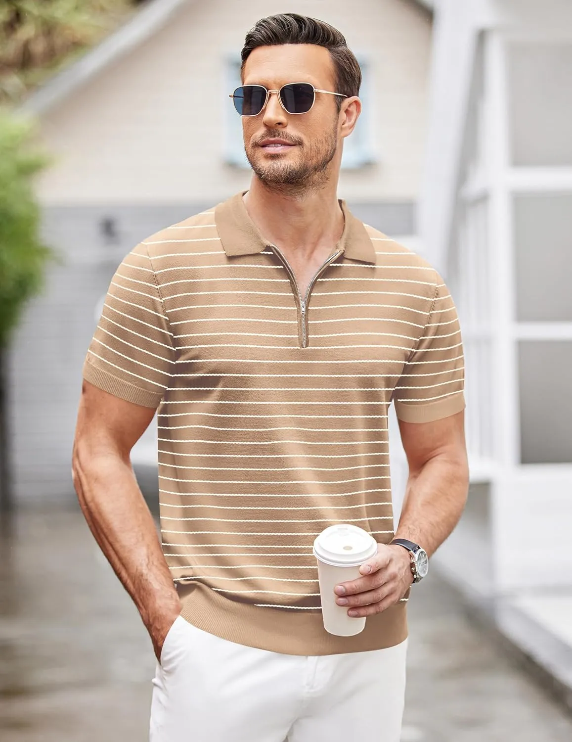 COOFANDY Men's Zipper Polo Shirt Casual Knit Short Sleeve Polo T Shirt Classic Fit Shirts