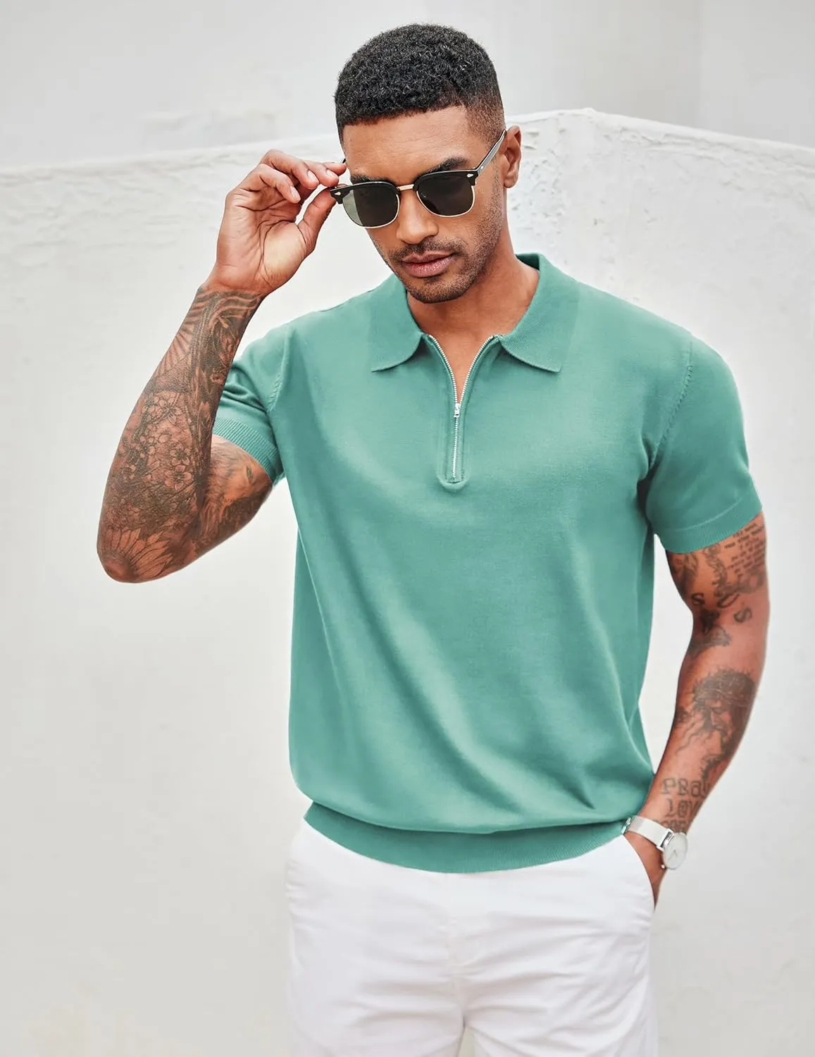 COOFANDY Men's Zipper Polo Shirt Casual Knit Short Sleeve Polo T Shirt Classic Fit Shirts