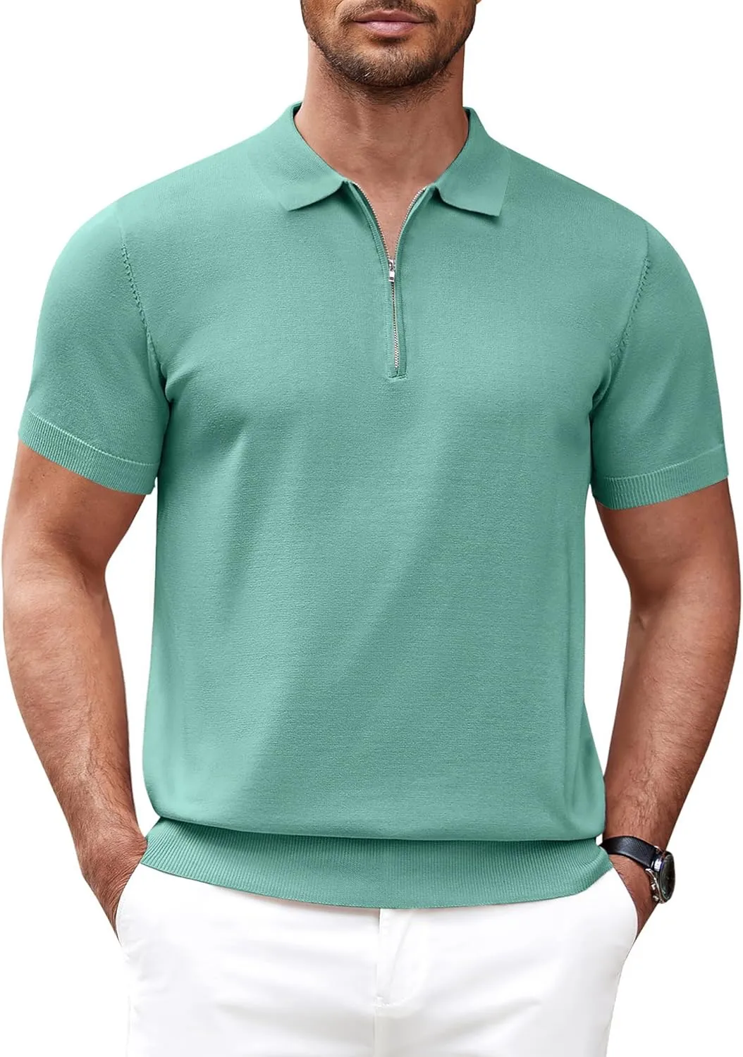 COOFANDY Men's Zipper Polo Shirt Casual Knit Short Sleeve Polo T Shirt Classic Fit Shirts