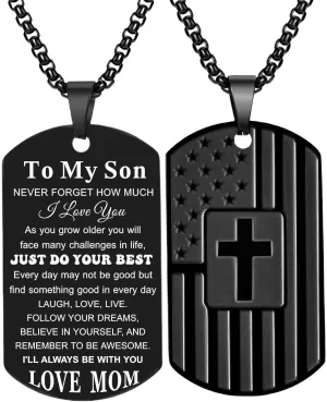 Coolvy To My Son Necklace from Mom Dad, Dog Tag Cross Necklace for Men, American Flag Birthday Christmas Gifts for Son in Law Grandson Daughter Granddaughter Family Jewelry