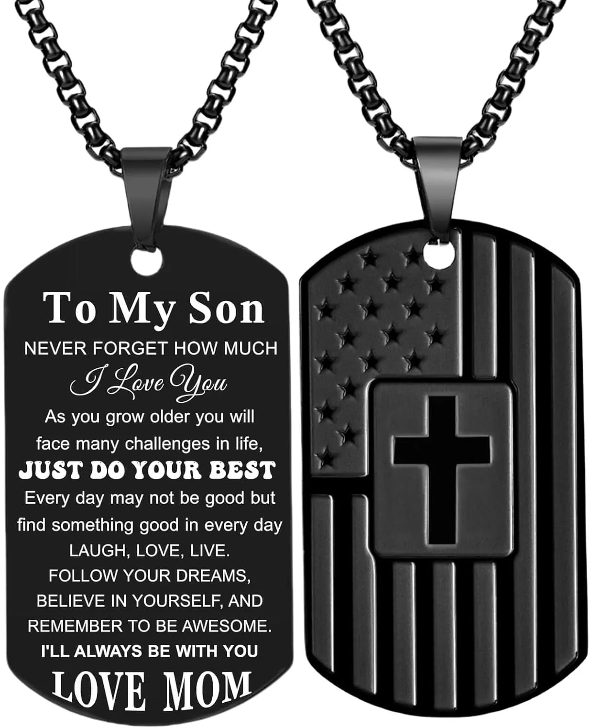 Coolvy To My Son Necklace from Mom Dad, Dog Tag Cross Necklace for Men, American Flag Birthday Christmas Gifts for Son in Law Grandson Daughter Granddaughter Family Jewelry