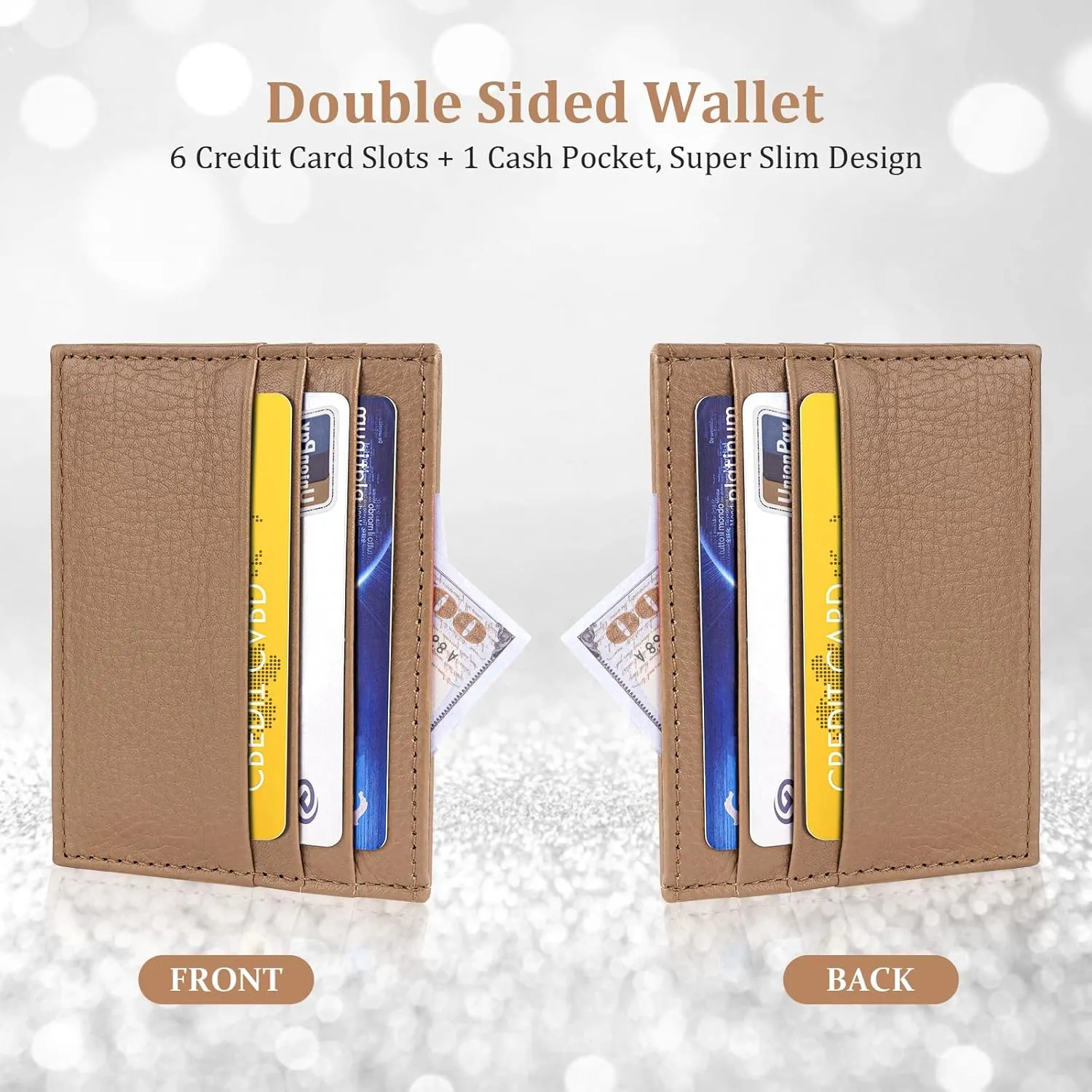 Credit Card Holder Wallet, RFID Blocking Leather Ultra Slim Wallet, Thin Minimalist Credit Card Case Card Protector, Front Pocket Wallets for Men, Women - 6 Card Slots and 1 Pockets (Brown)