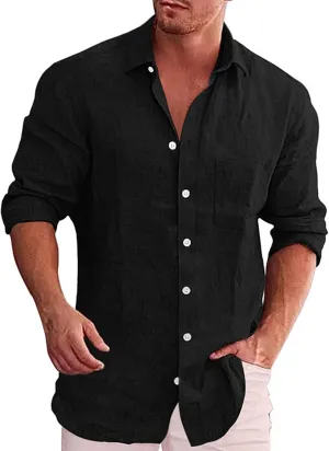 CRNTCEM Mens Long Sleeve Cotton Linen Shirts Lightweight Casual Button Down Collared Work Shirts Summer Outdoor Beach Blouses