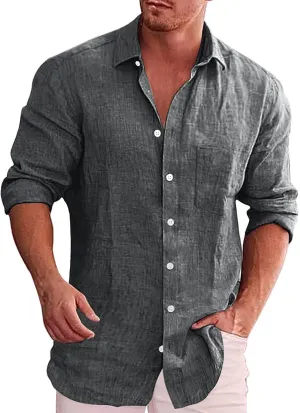 CRNTCEM Mens Long Sleeve Cotton Linen Shirts Lightweight Casual Button Down Collared Work Shirts Summer Outdoor Beach Blouses