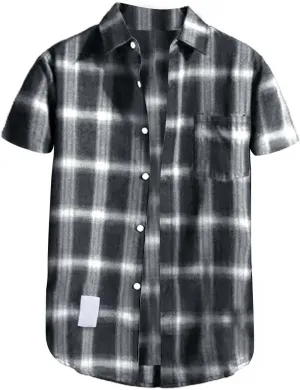 CRNTCEM Mens Short Sleeve Casual Plaid Shirts Cotton Regular Fit Button Down Gingham Shirts Summer Loose Dresses Blouses