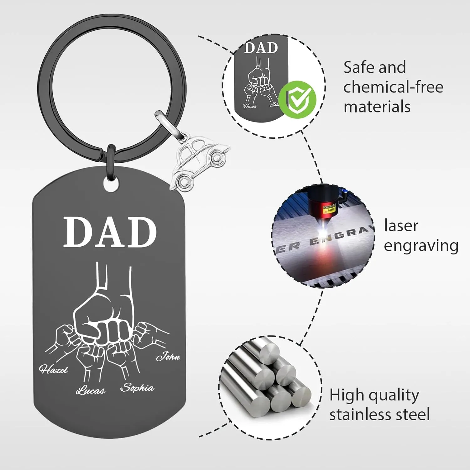 Custom Keychain for Dad, Custom Fist Bump Keychains with Kids Name, Personalized Fathers Day Keychain Gift