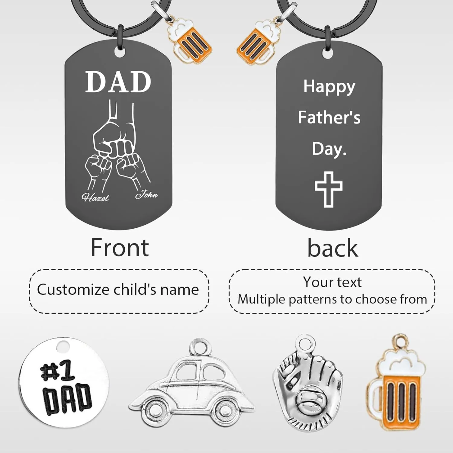 Custom Keychain for Dad, Custom Fist Bump Keychains with Kids Name, Personalized Fathers Day Keychain Gift